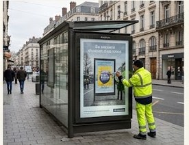 Abribus urbain avec panneau publicitaire, entretenu par un technicien